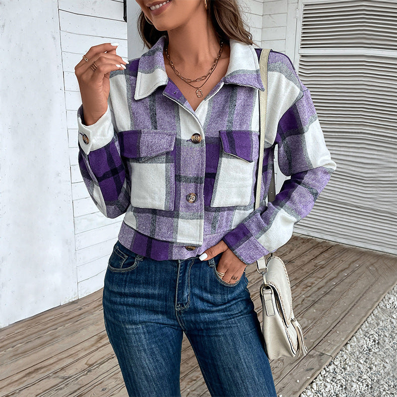 Women's checked blouson jacket with decorative buttons and chest pockets, size