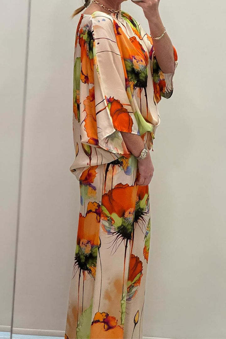 GR | Elegant satin one-shoulder printed loose set 