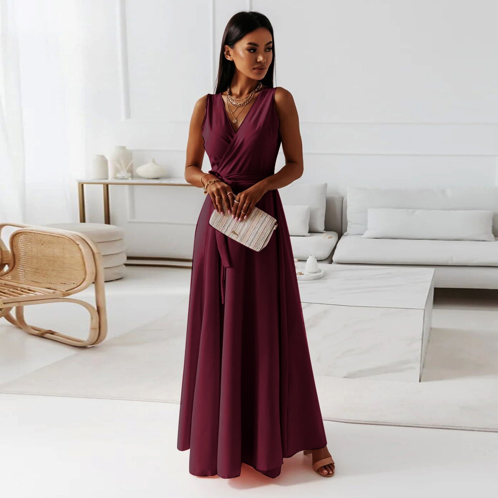 GR | Women's Solid Color V-Neck Long Dress