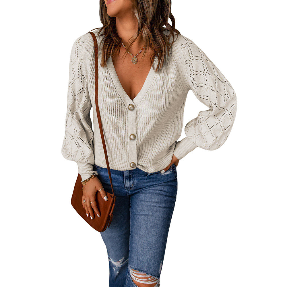 Damen Strickjacke mit V-Ausschnitt und Puffärmeln GR