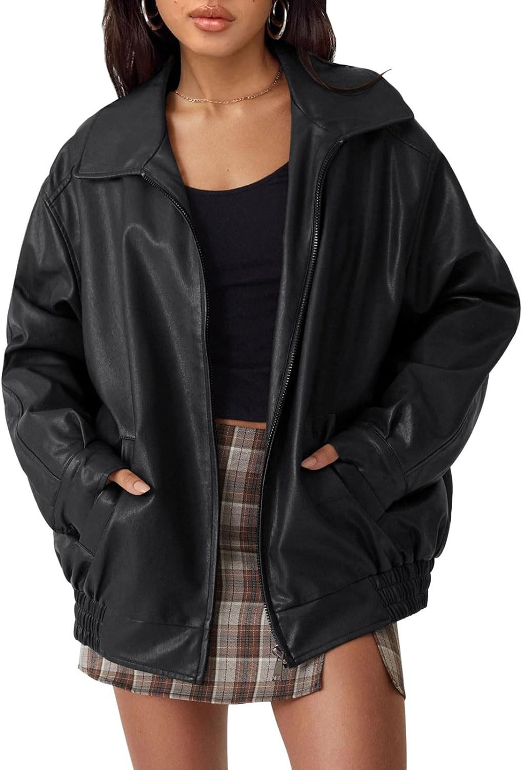 Women's casual faux leather jacket with a wide cut and practical pockets, size S
