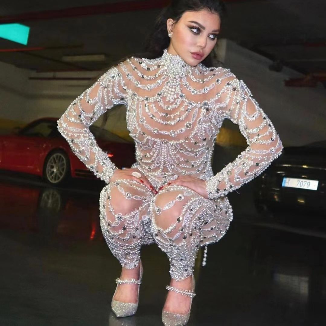 GR | Figure-hugging sheer sequined dress jumpsuit