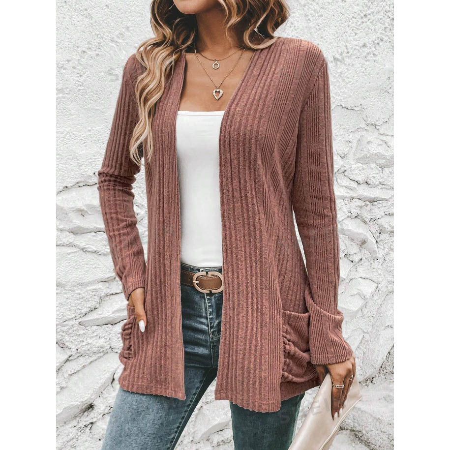 Women's fine knit cardigan with deep V-neck and practical pockets, size