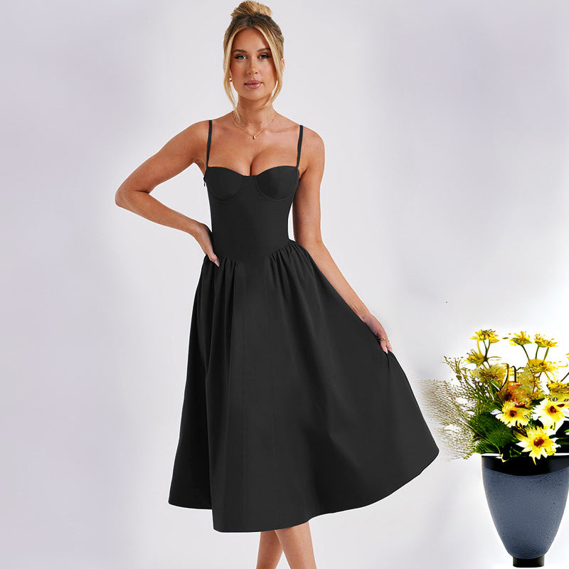 Women's midi dress with elegant bustier top and flowing skirt, size GR