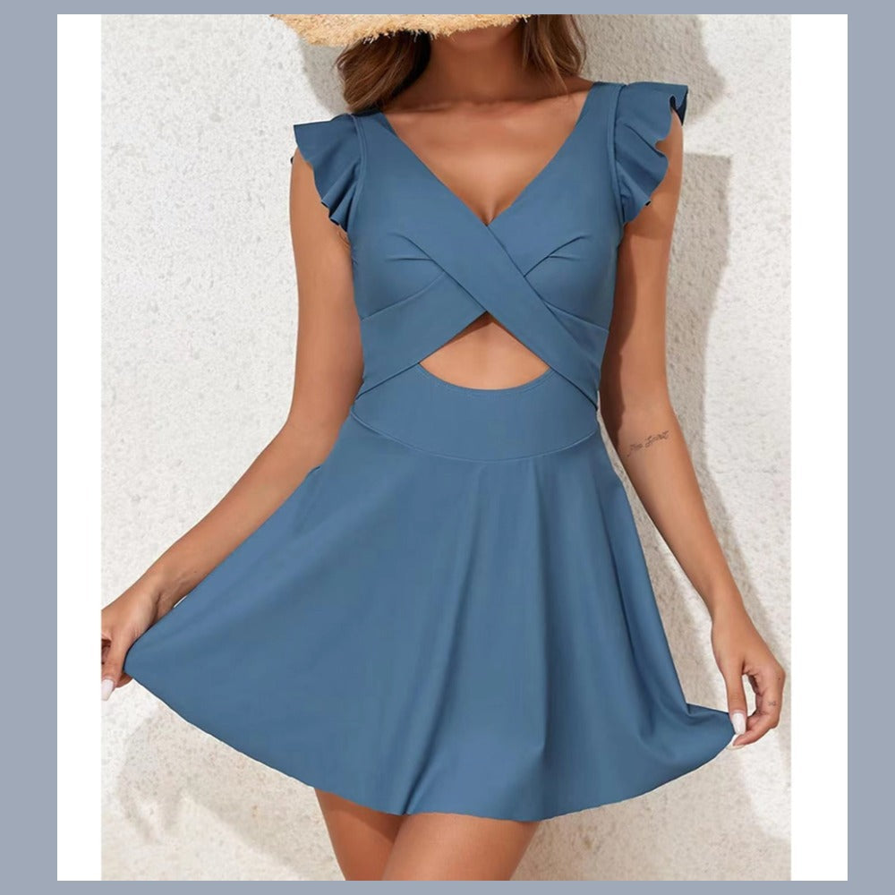 Women's denim dress with ruffle details and feminine silhouette, size S