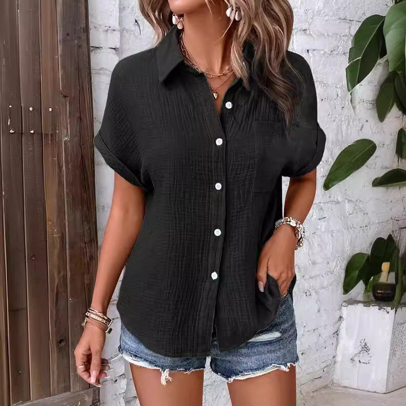 Women's casual short-sleeved shirt blouse in textured fabric, size GR