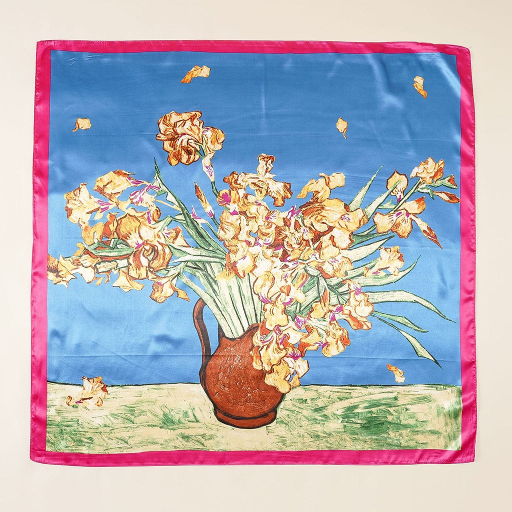 Women's silk scarf with artistic floral design and luxurious sheen, size GR