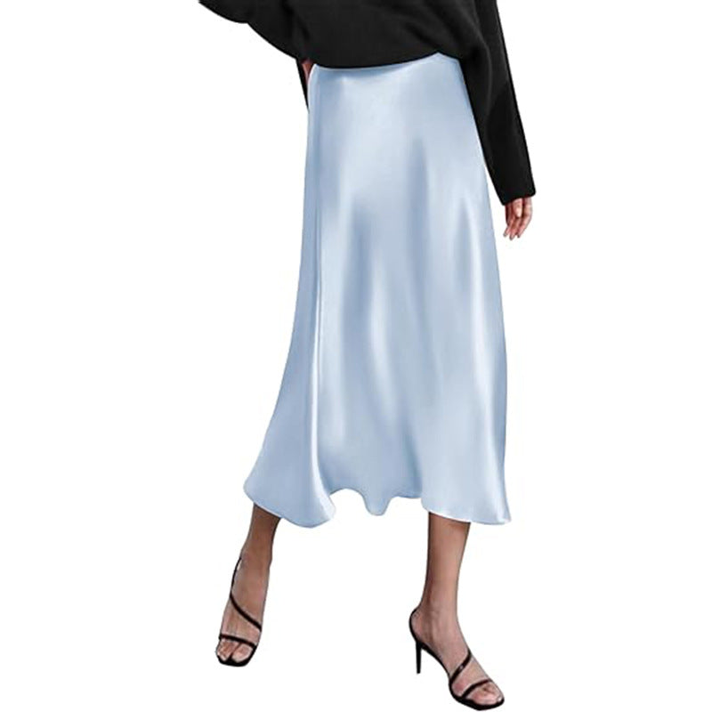 Women's elegant midi skirt in satin viscose with a flowing drape, size GR