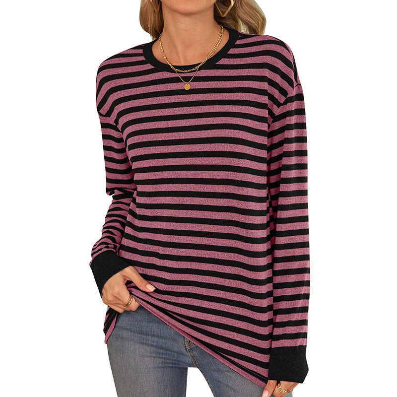 Women's comfortable long-sleeved shirt with striped design and round neckline, size
