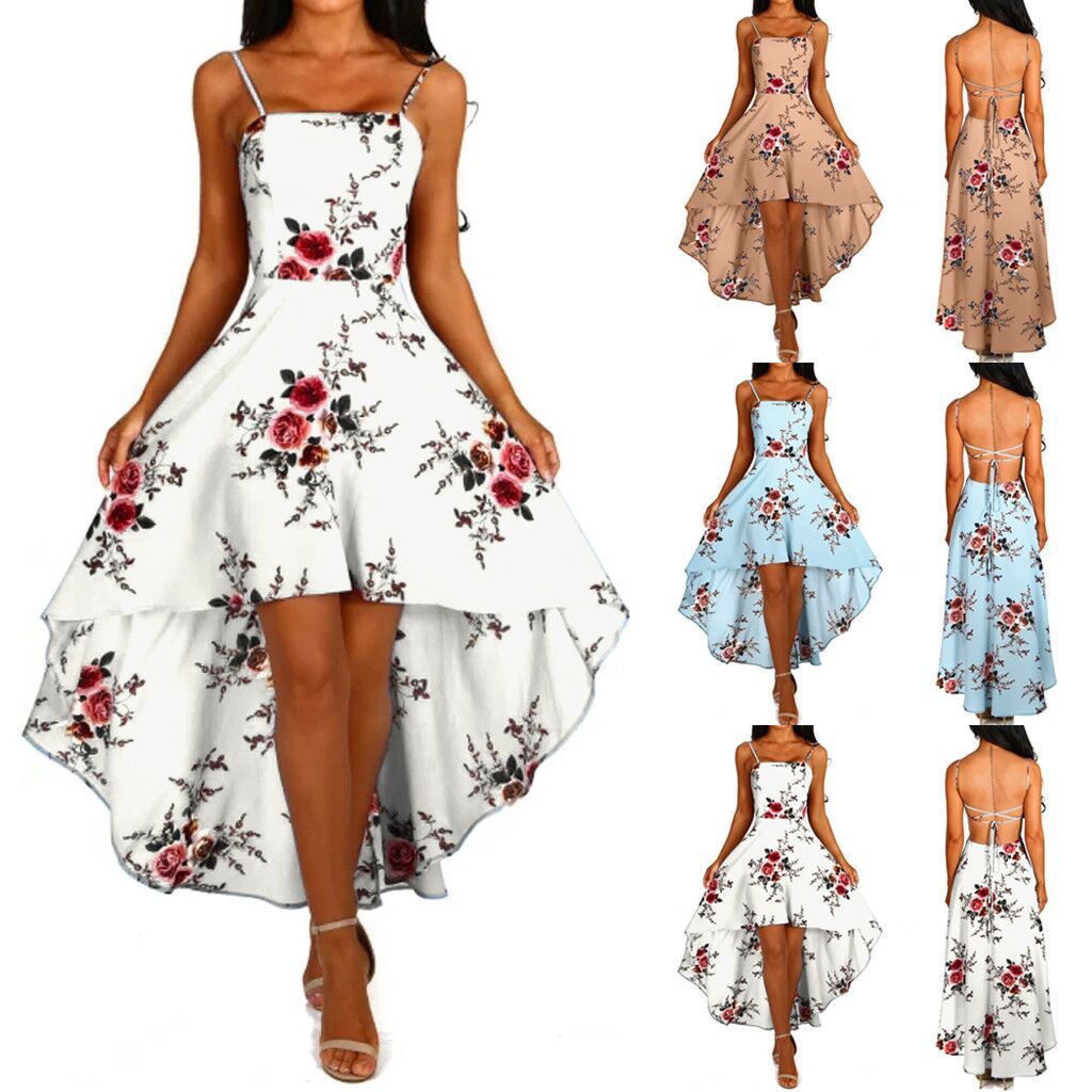 Damen asymmetrisches Blumenkleid mit dekorativen Spaghettiträgern und schwingendem Saum GR