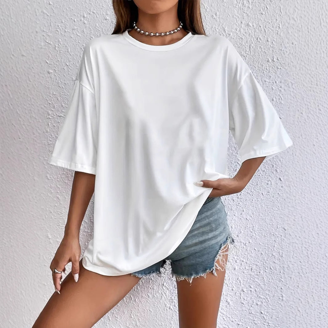 GR | White Loose Short Sleeve Crew Neck Polyester T-Shirt