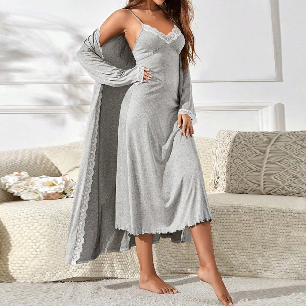 Women's luxurious nightgown with elegant lace trim and long cardigan, size S