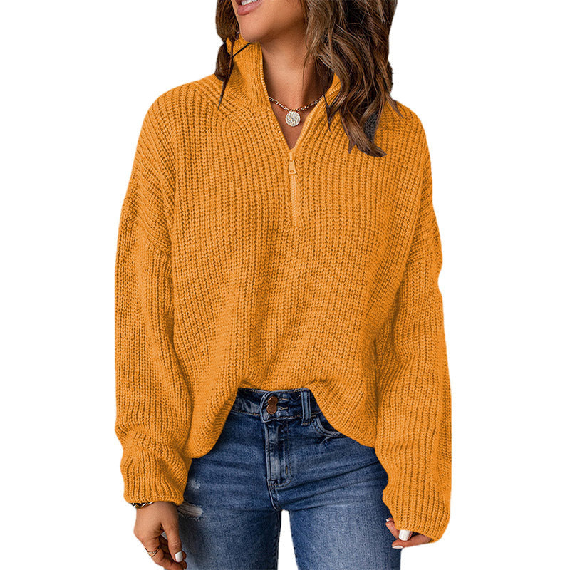 Damen Grober Strickpullover mit Stehkragen und Reißverschluss GR