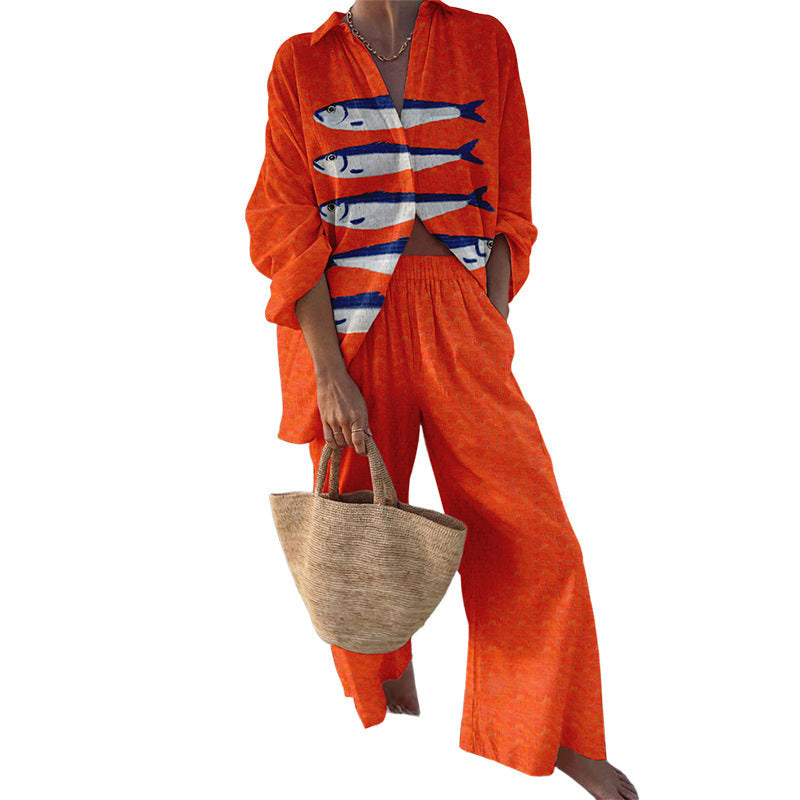 Women's casual set with striped top and wide-leg trousers, size GR