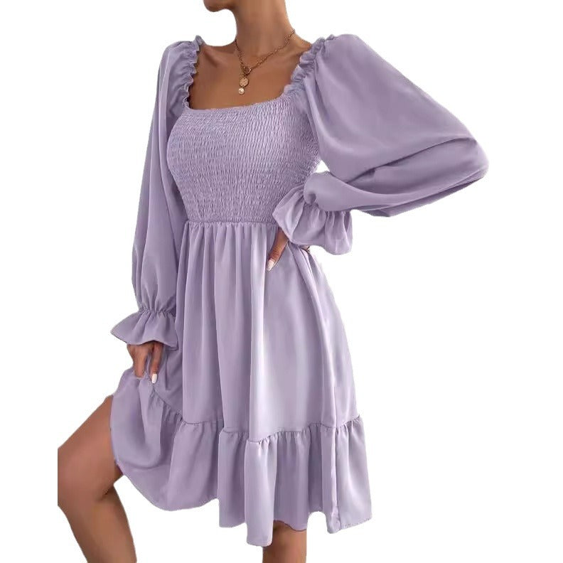Women's fitted mini dress with voluminous ruffled sleeves and square neck, size S