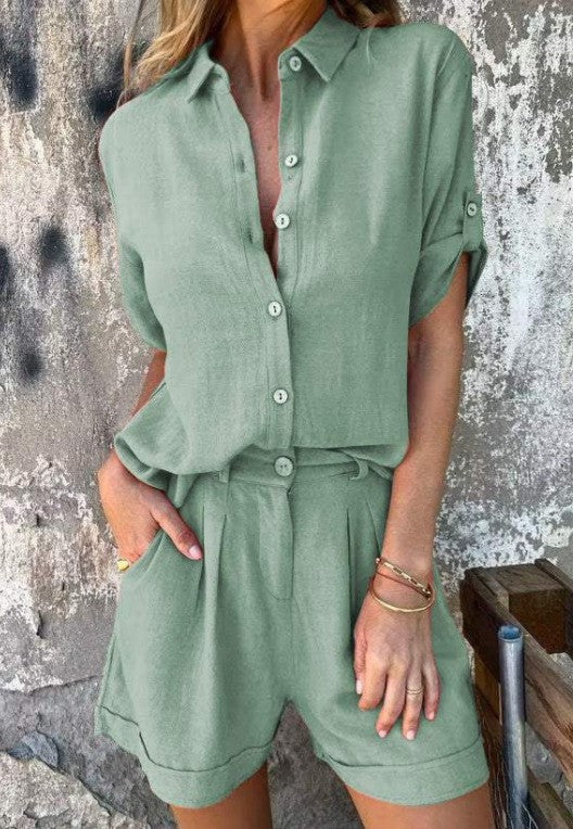 Women's casual jumpsuit with button-fastened top and practical drawstring waist