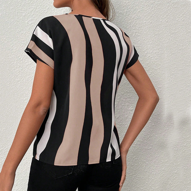 Women's fashionable short-sleeved shirt with V-neck and striped pattern, size