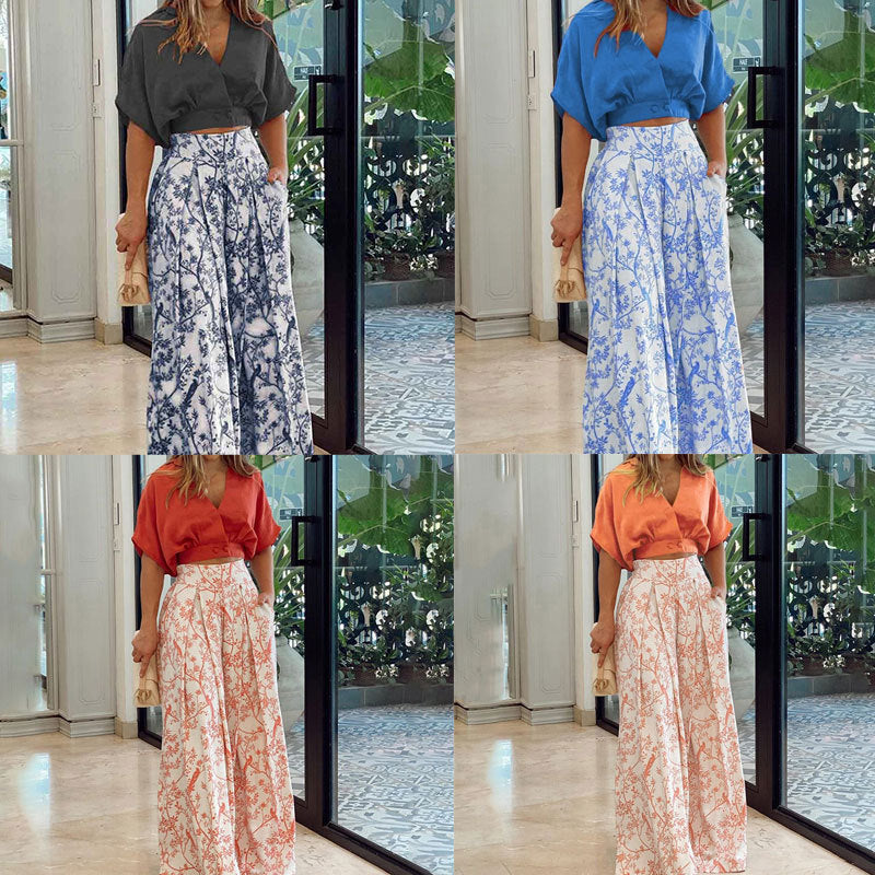 Damen Crop-Top Kombi-Anzug mit weitem Rock und floralem Muster GR