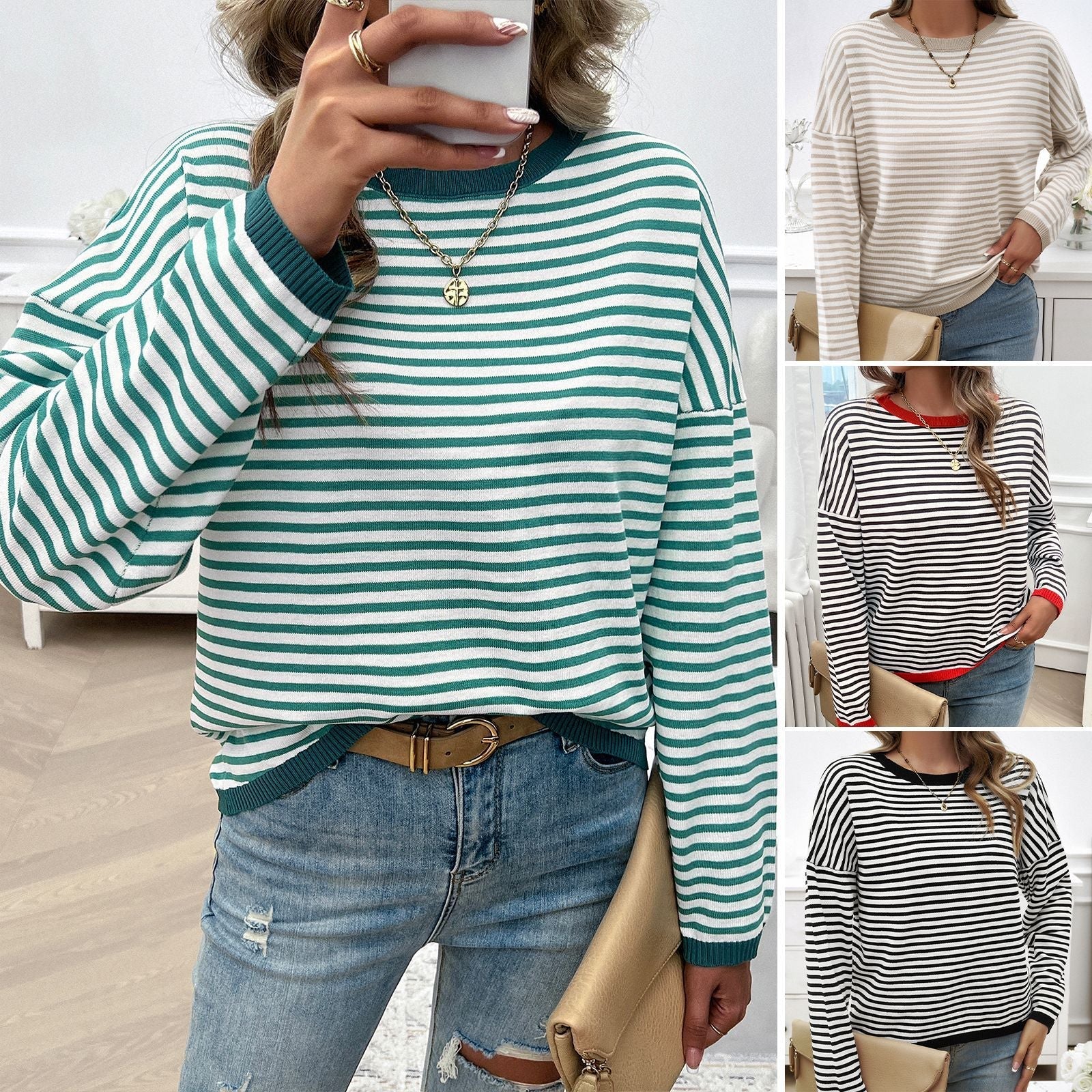Women's casual striped sweater with colored accents, size