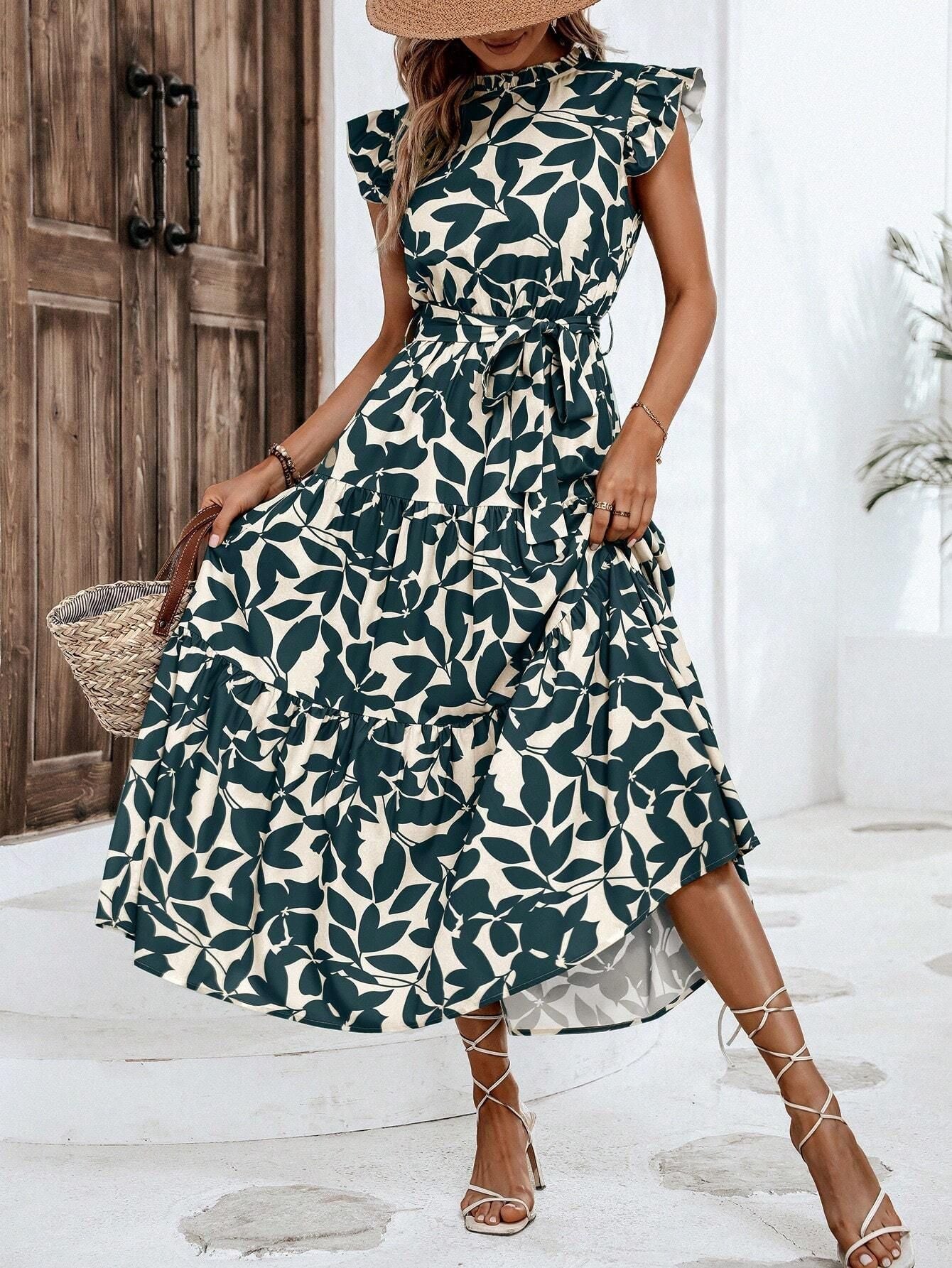 Women's casual midi dress with ruffles and floral pattern, size