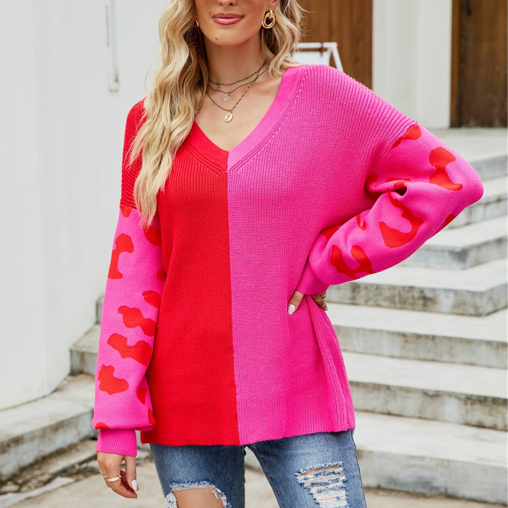 Damen farbenfroher Pullover im modischen Blockfarben-Design mit Leopardenmuster GR
