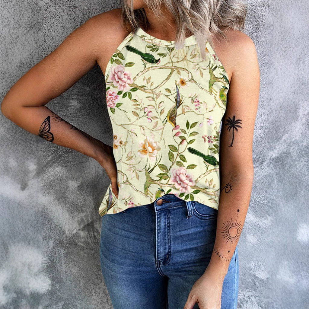 GR | Vintage Floral Plant Pattern Slim Fit Tank Top