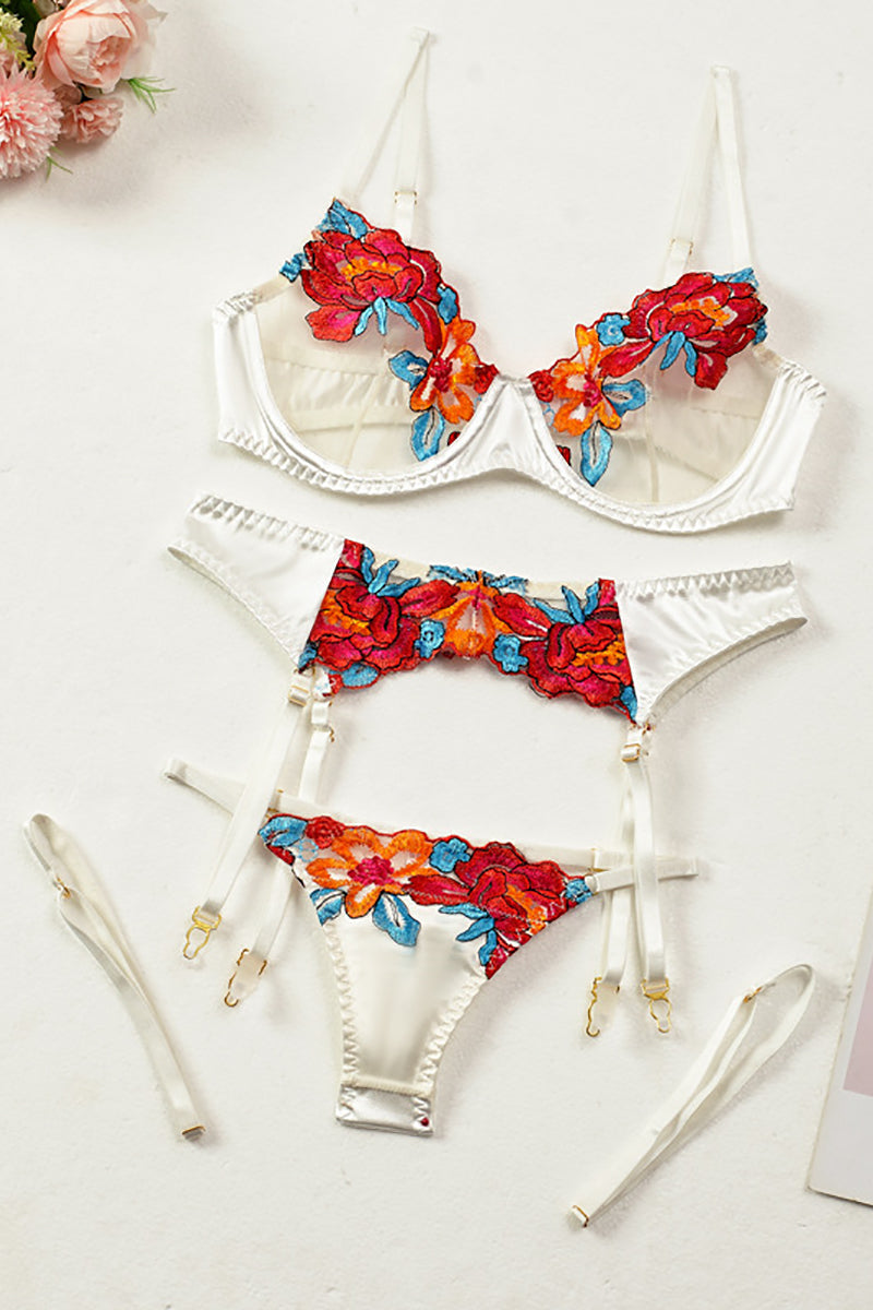 GR | Satin Sheer Floral 3 Piece Lingerie Set