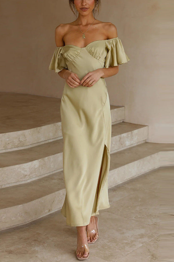 Women's off-the-shoulder midi dress with voluminous sleeves and elegant accents, size GR