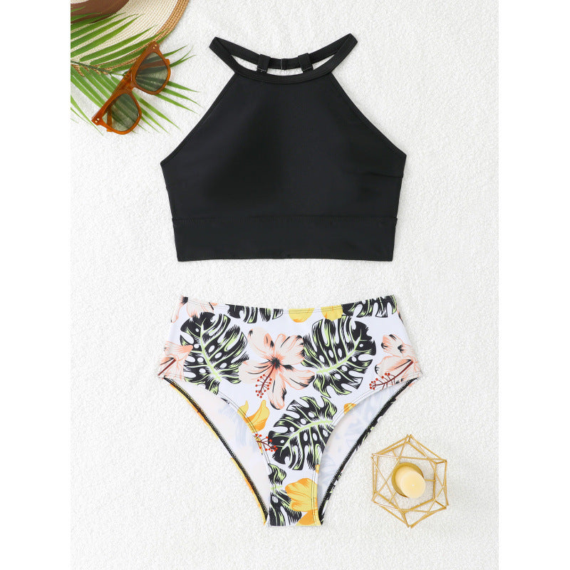 Swimsuit top with high collar and floral high-waisted bottoms, size