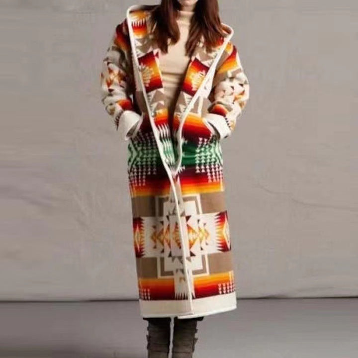 Damen Lange Strickjacke im bunten Ethno-Design und modernem Schnitt GR