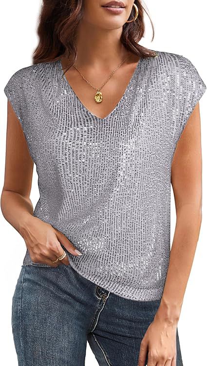 Women's glittery top with a V-neck and loose fit, size [size missing]