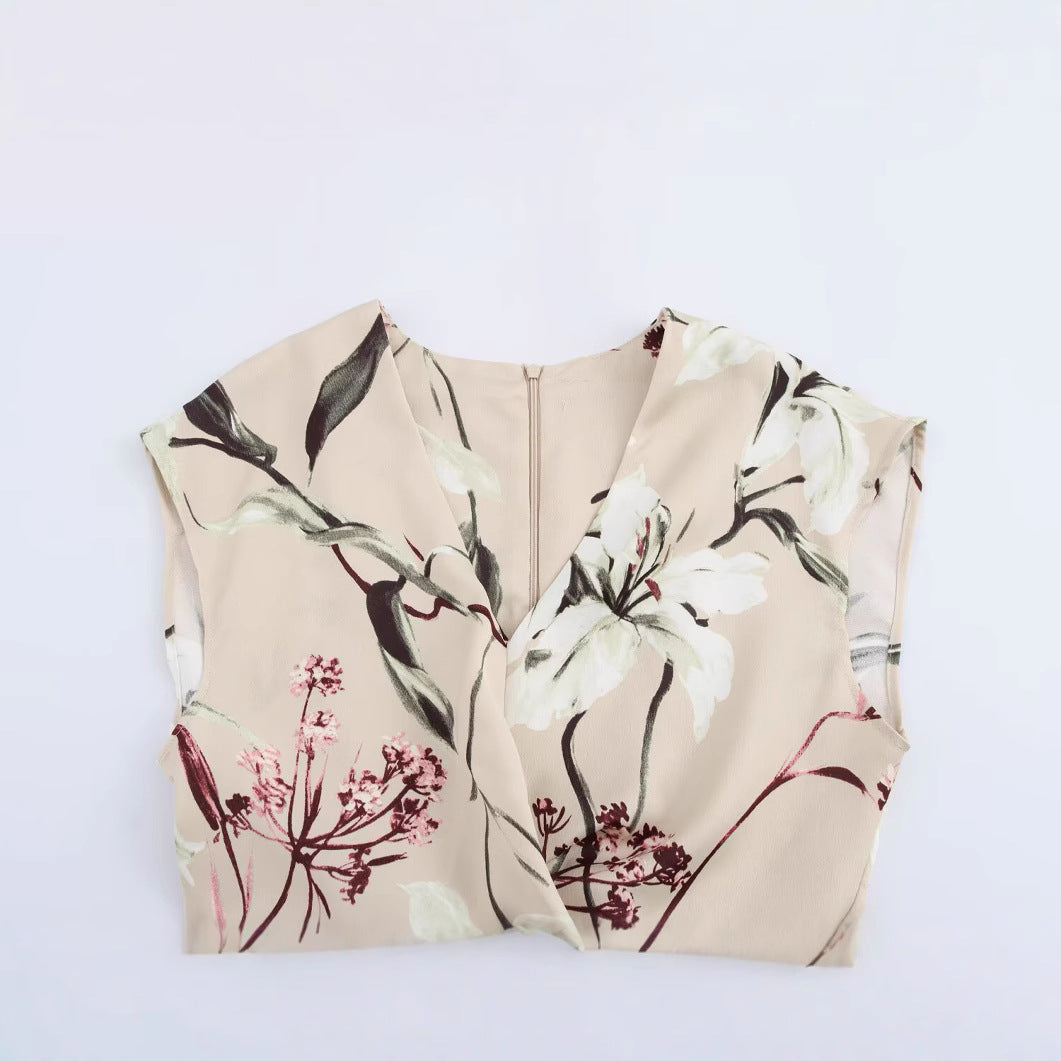 GR | V-Ausschnitt Texturiertes Floral-Print Midi-Kleid