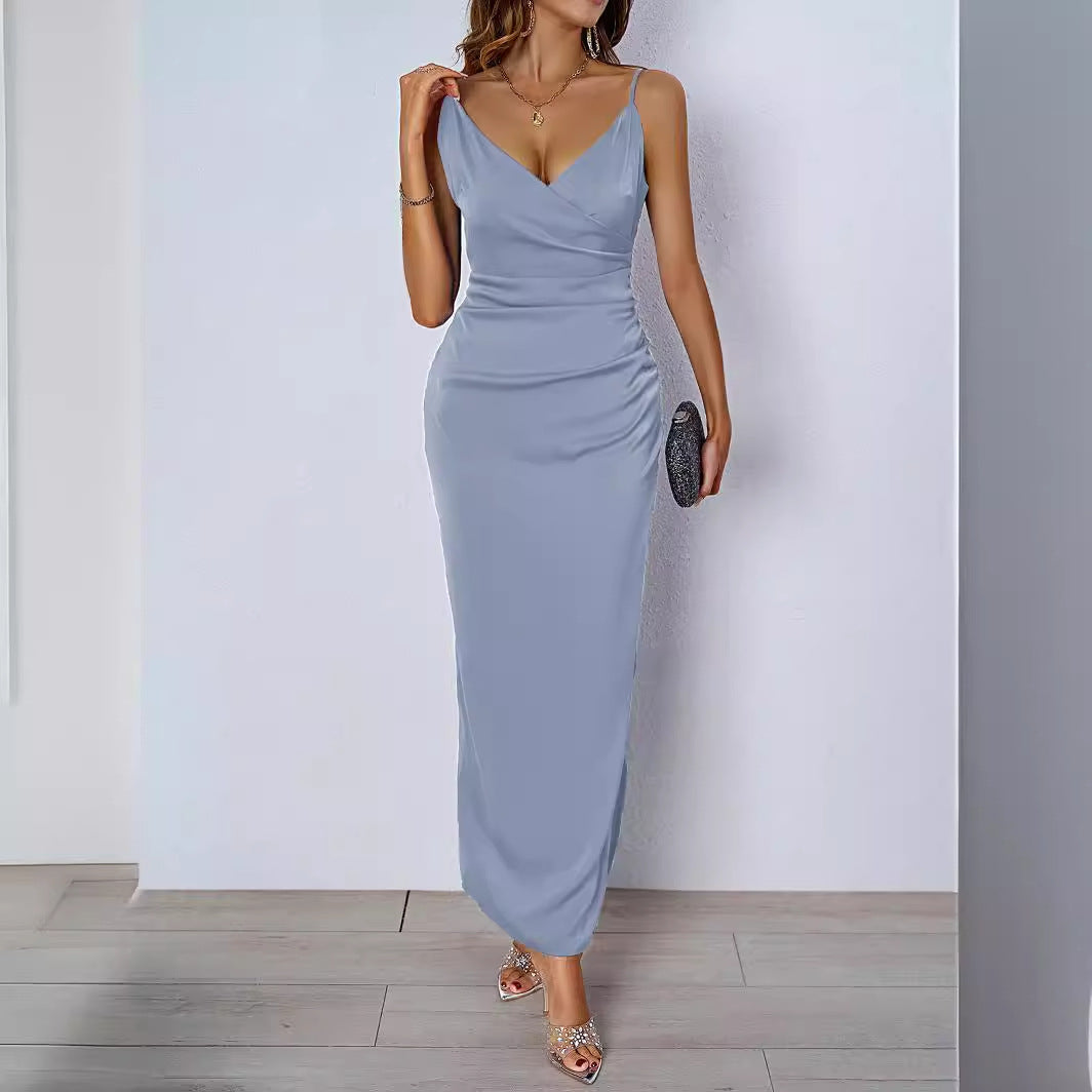 Women's figure-hugging evening dress with V-neck and elegant draping design, size S