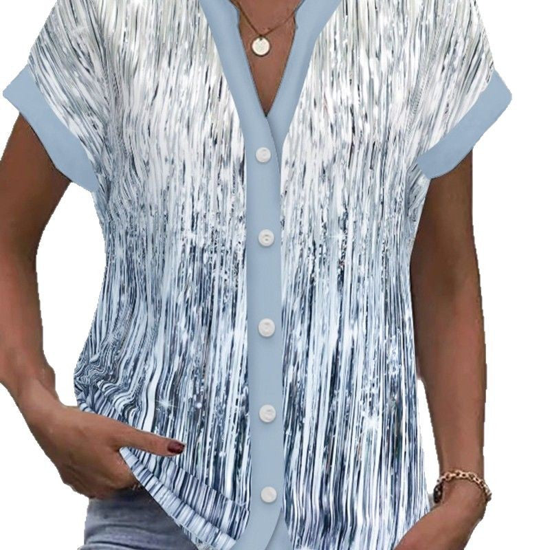 Women's casual blouse with modern stripes and button details, size [size missing]