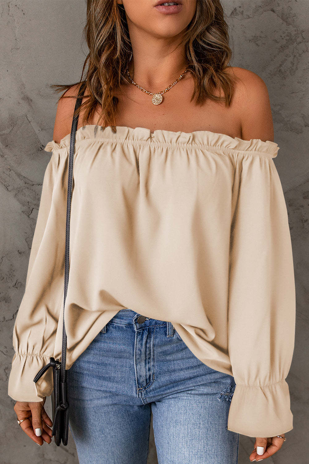 Women's chic off-the-shoulder top with ruffle details and elasticated cuffs, size [size missing]