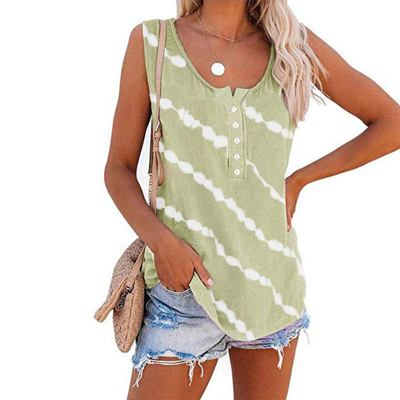 Women's sleeveless top with button placket and modern batik pattern, size