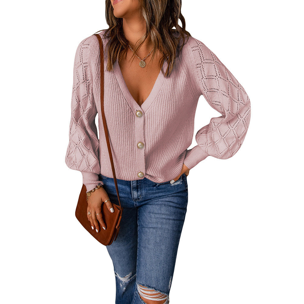 Damen Strickjacke mit V-Ausschnitt und Puffärmeln GR