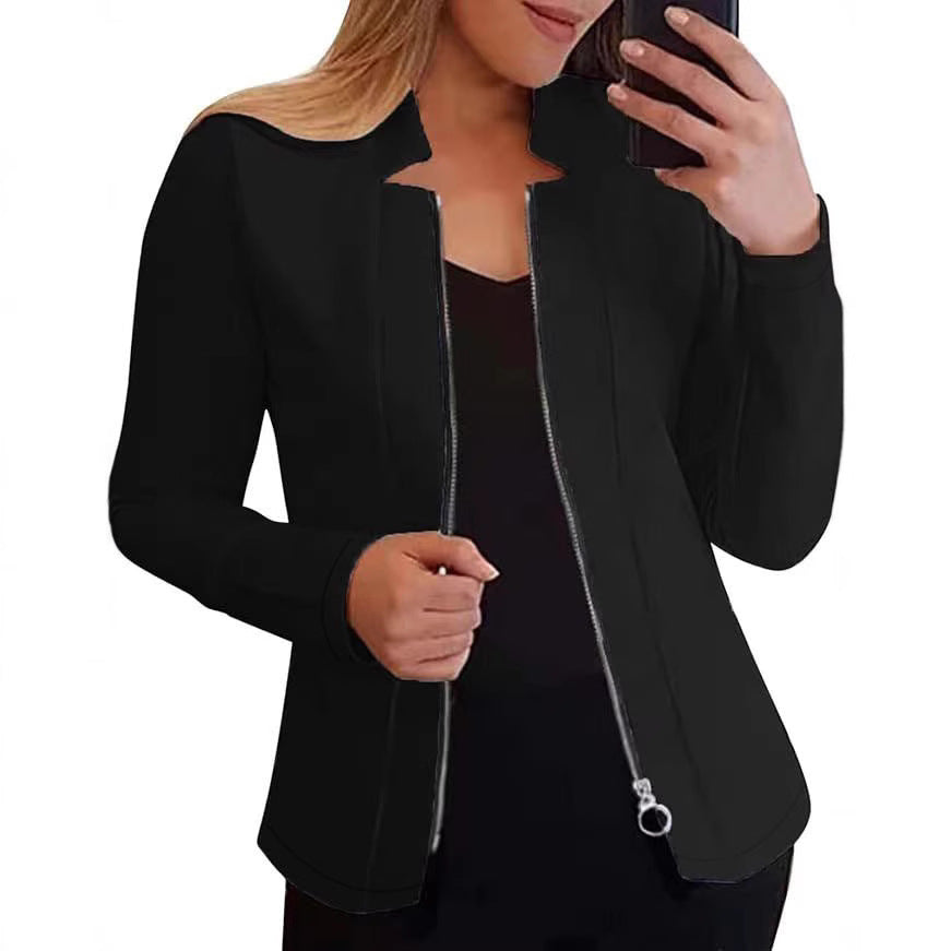Women's fashionable and elegant biker jacket with a figure-hugging cut and high collar, size [size missing]