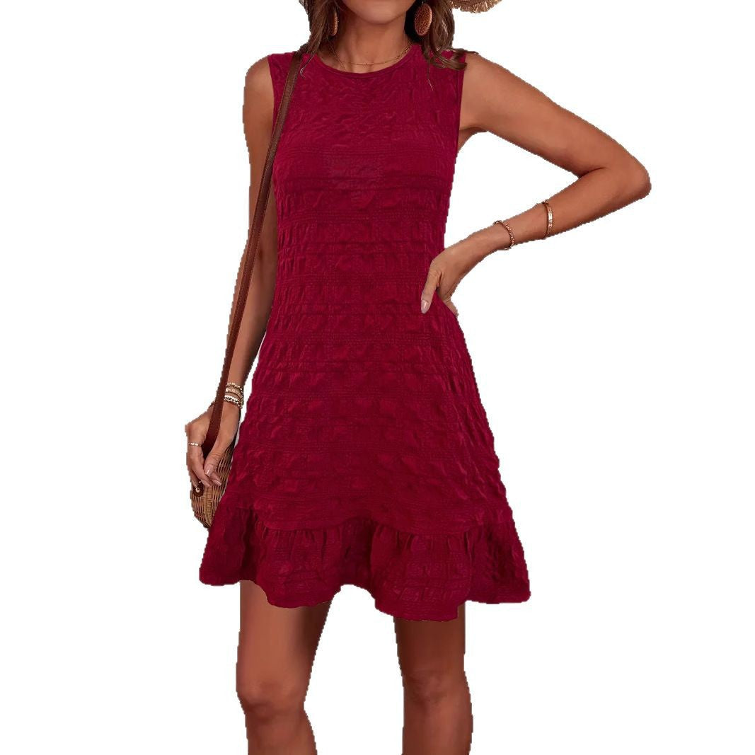 Women's sleeveless summer dress in textured material with a fresh hem, size S