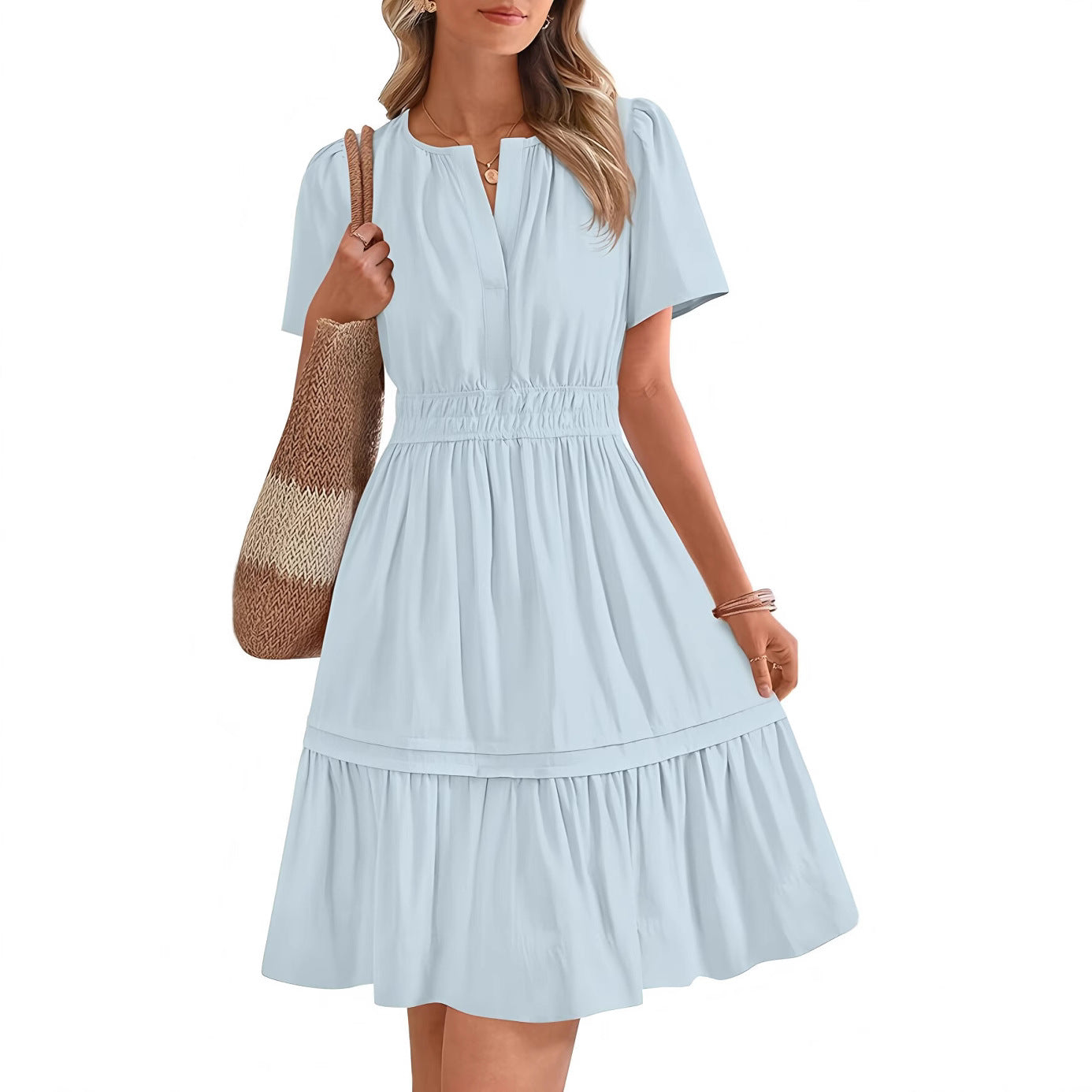 Damen gesmoktes Freizeitkleid mit voluminösem Rock GR
