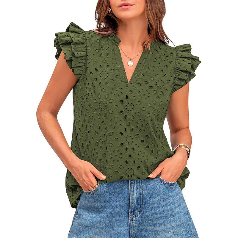 Damen Bluse mit Rüschenärmel und floralem Lochmuster GR