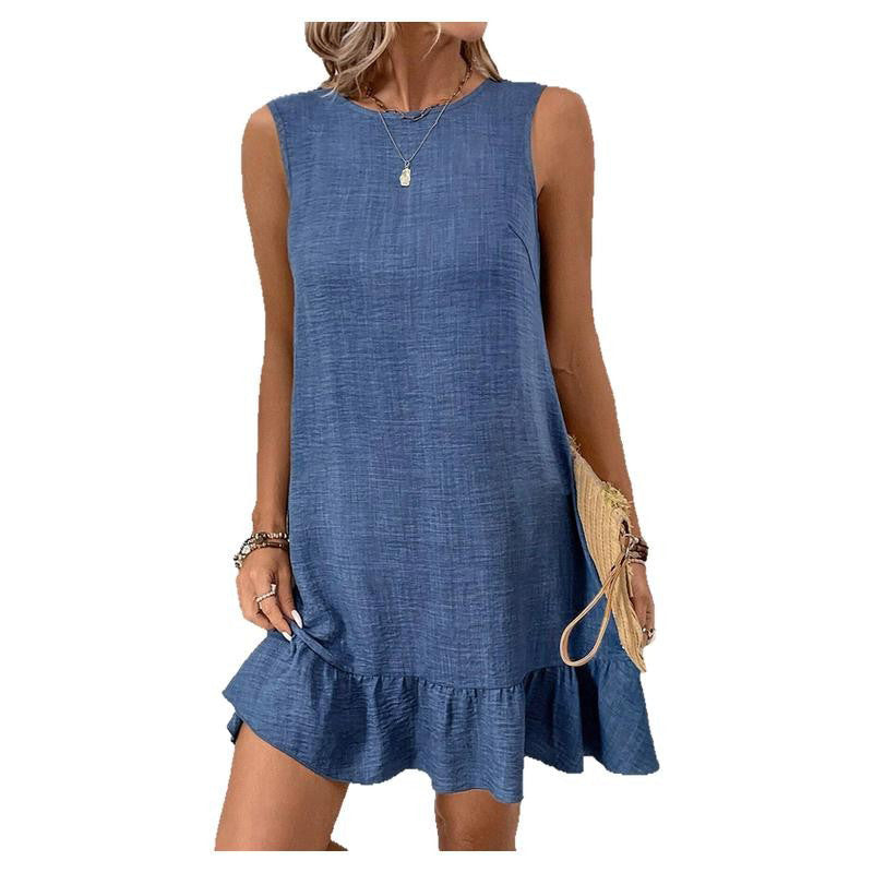 Women's sleeveless dress with ruffled hem and relaxed fit, size