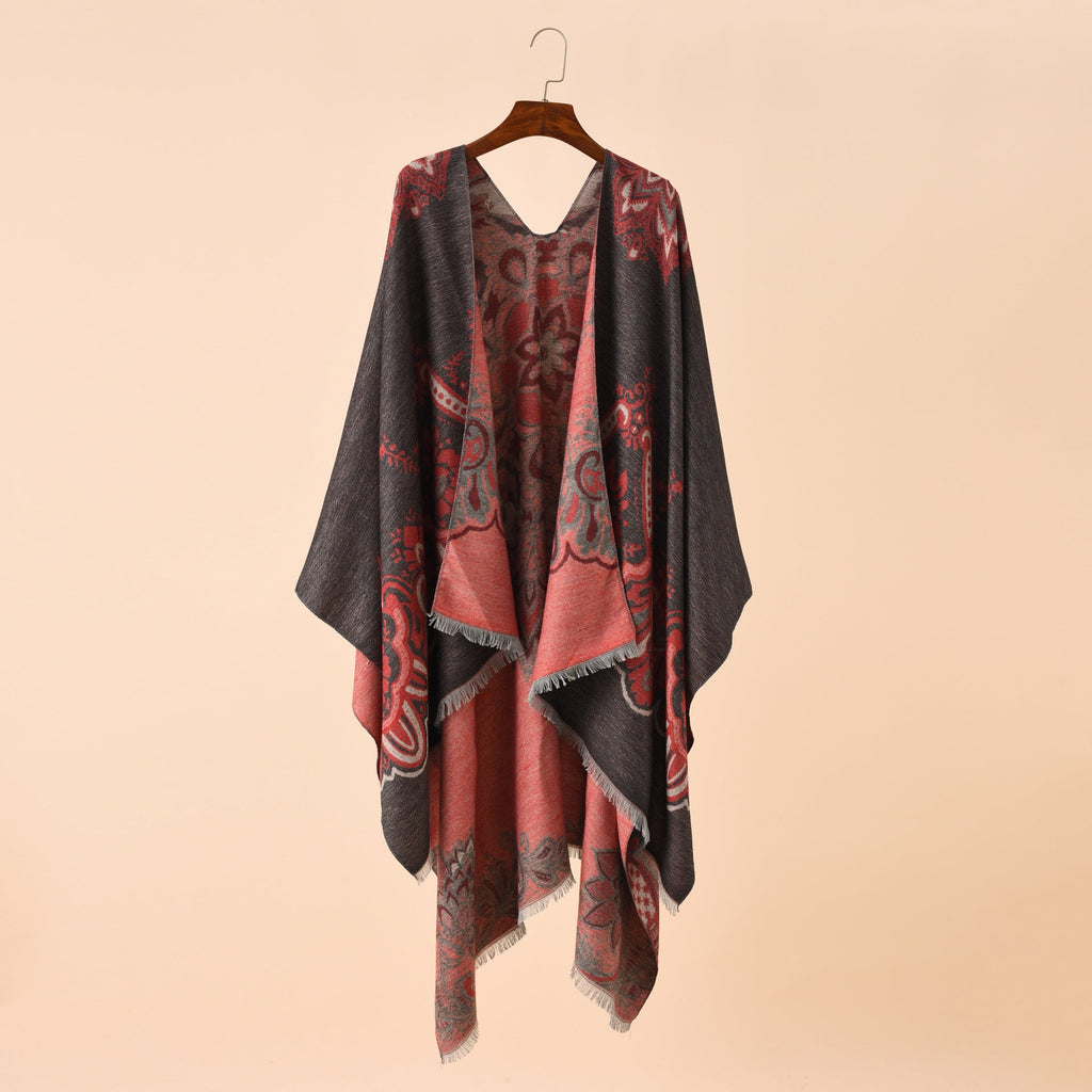Women's Elegant Kimono Poncho with Artful Pattern and Fringed Edges GR