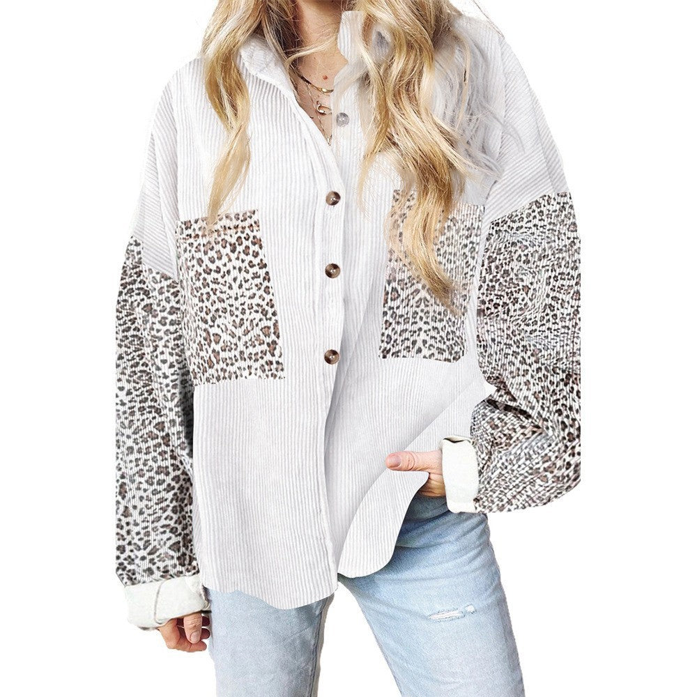 Women's trendy corduroy jacket with leopard details, size