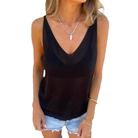 Women's sleeveless V-neck top made of lightweight material with elasticated hem, size [size]