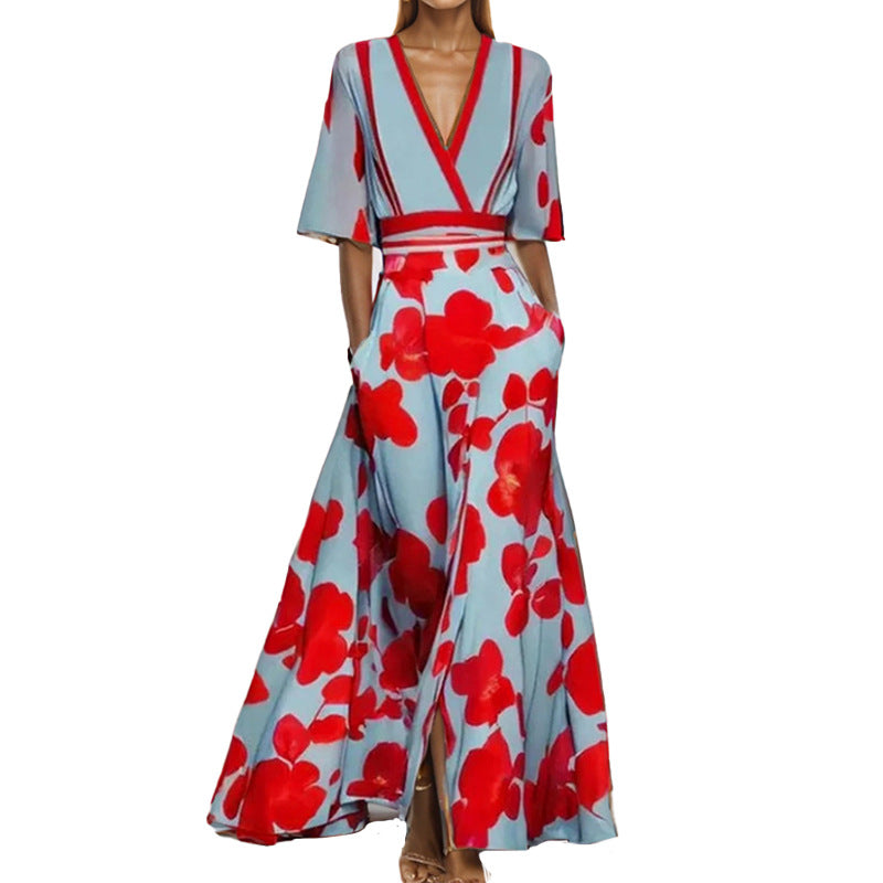GR | Elegant V-neck printed waist dress with peplum