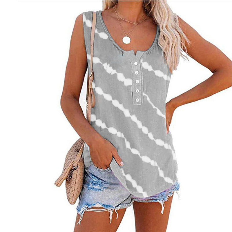 Women's sleeveless top with button placket and modern batik pattern, size