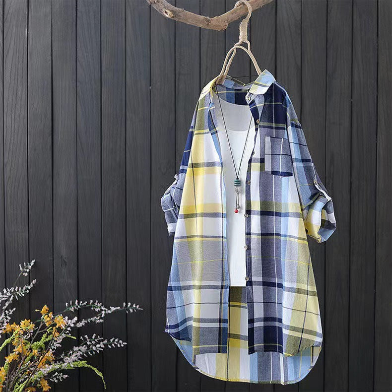 Damen Karobluse im lässigen Schnitt mit knöpfbaren Ärmeln und praktischen Taschen GR