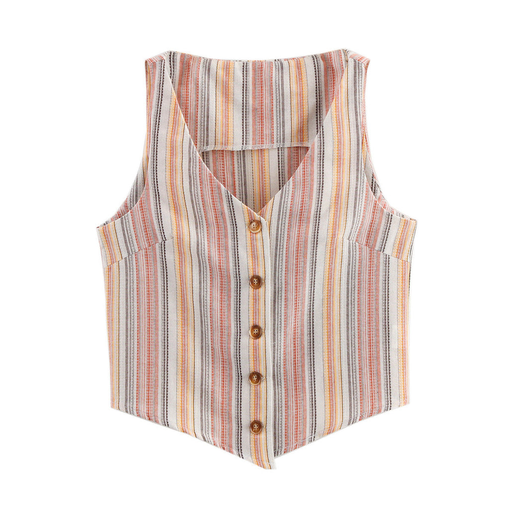 Women's sleeveless blouse with V-neck and stylish striped pattern, size