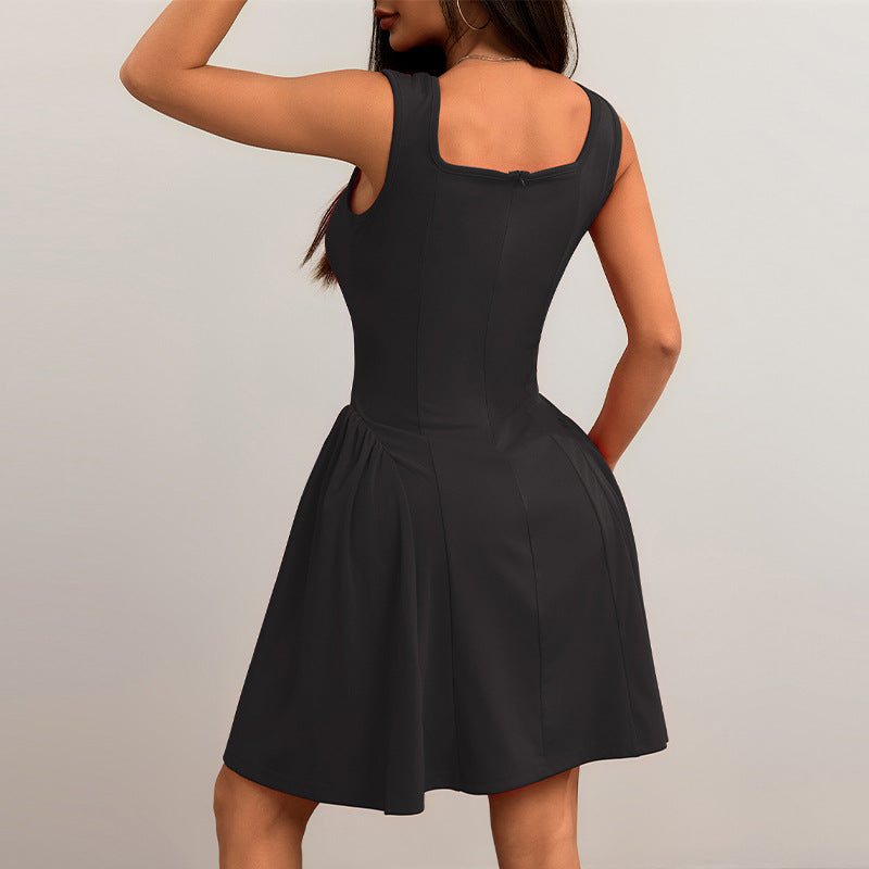 Women's A-line dress with square neckline and lined skirt, size